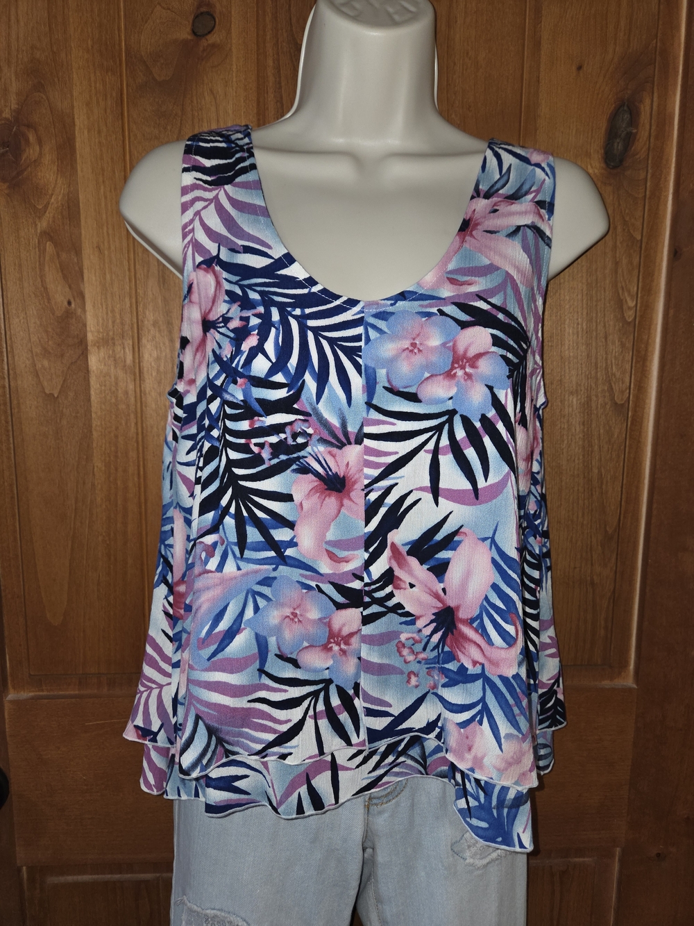 Tropical Floral Sleeveless Tank Top - Pink & Blue